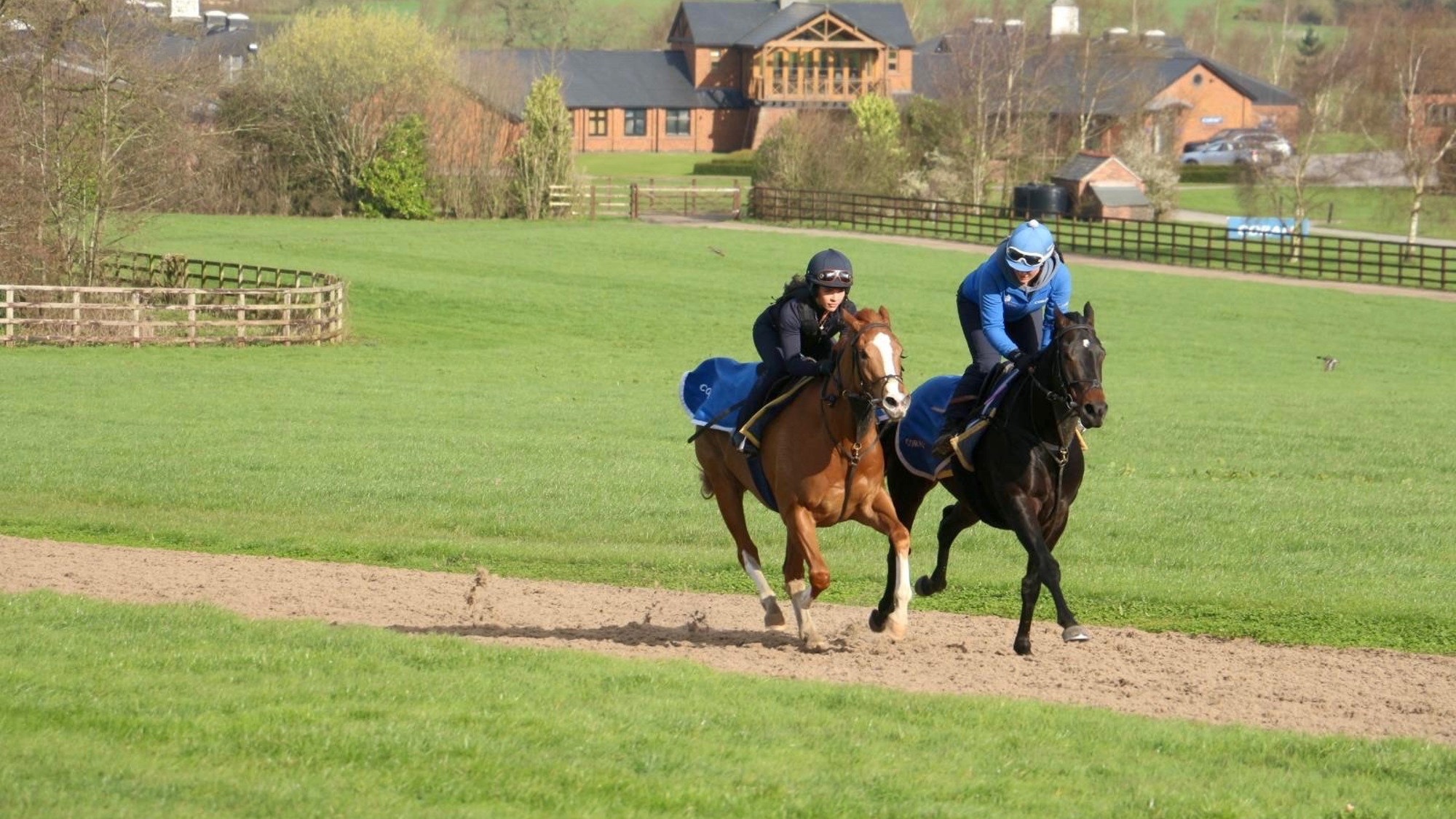Gemma Owen training for the Markel Magnolia Cup at Manor House Stables with trainer Hugo Palmer and Michael Owen..jpeg